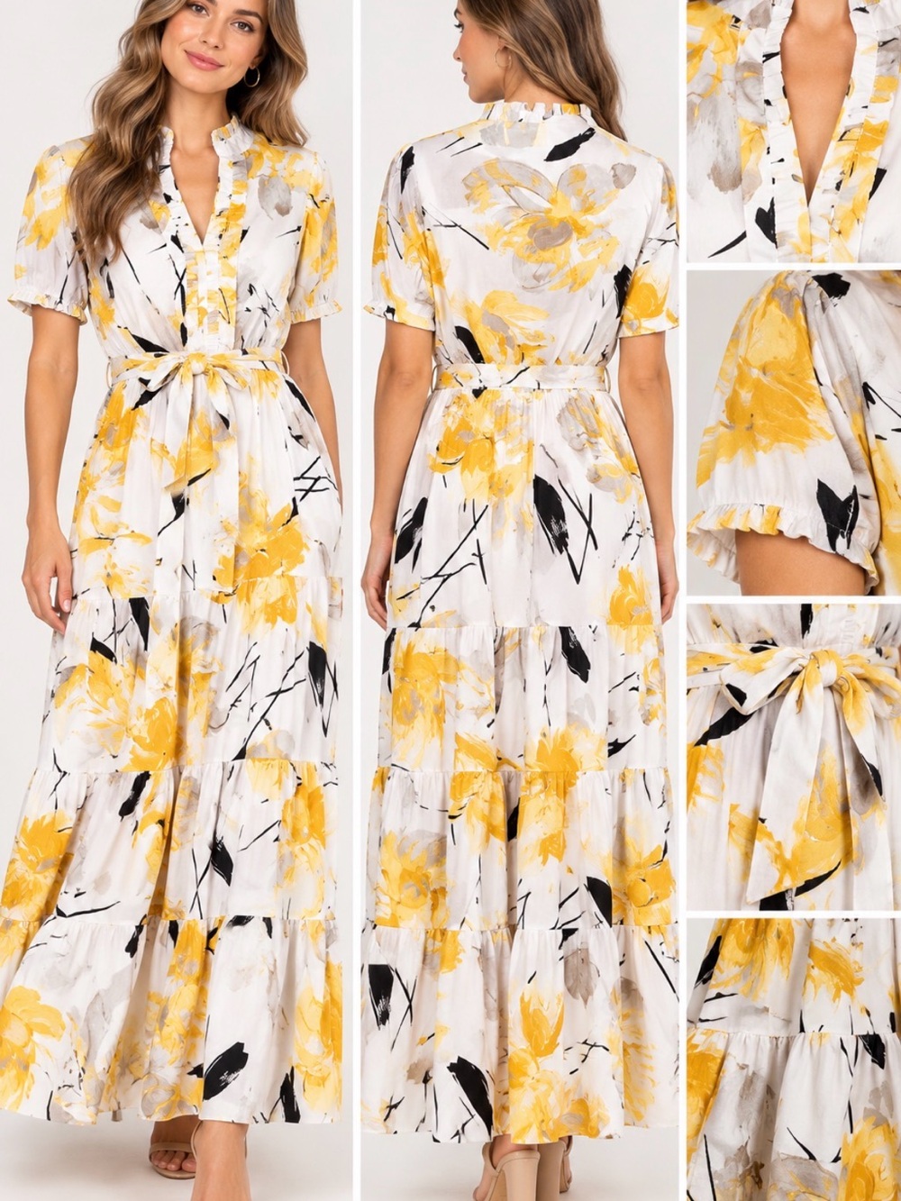 London Times Size 10 Yellow Floral Belted Tiered Maxi Dress